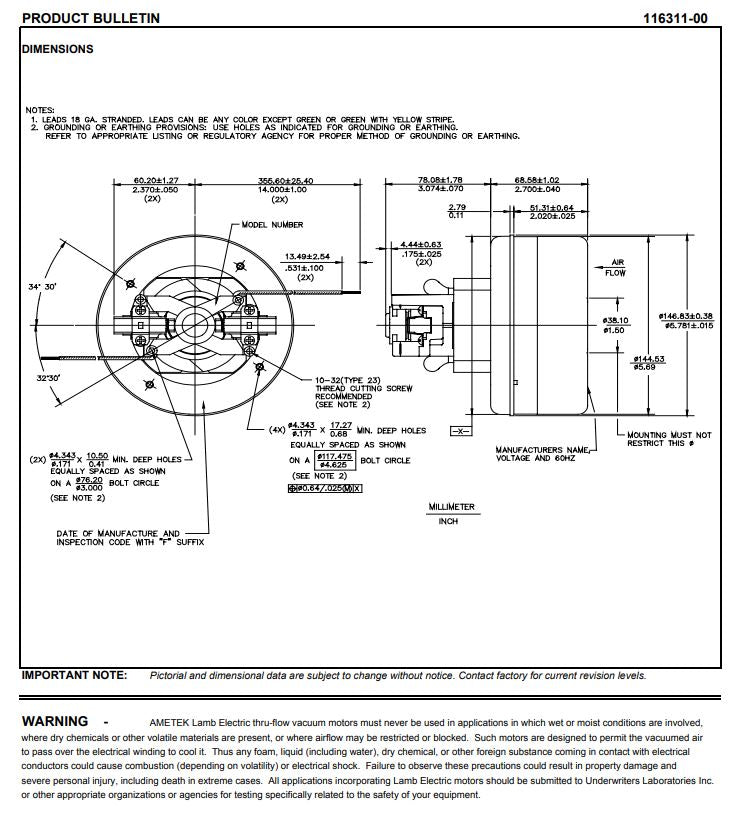 TriStar, Compact Vacuum Cleaner Motor 2-stage, 5.7 inch, 110-120 volt.