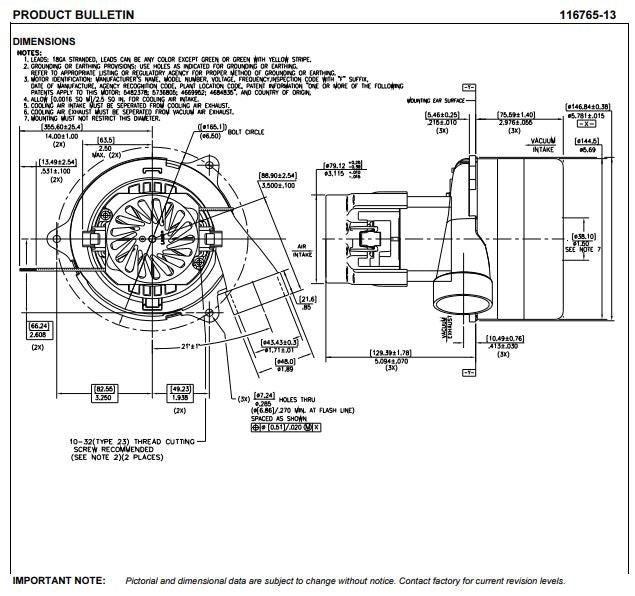 AMETEK LAMB 116765-13 AC Vacuum Motor, Tangential, 1500 W, 5.7 Frame Size, 3 Stage, 120 V