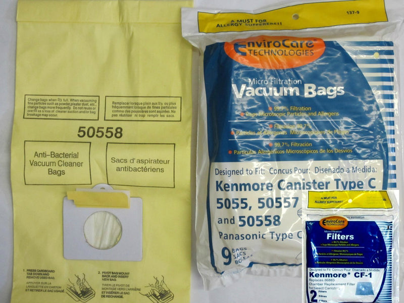 Envirocare Kenmore Mircrofiltration Canister Vacuum Bags - 50558, 5055, 50557 (9 Bags & 2 CF1 Filters)