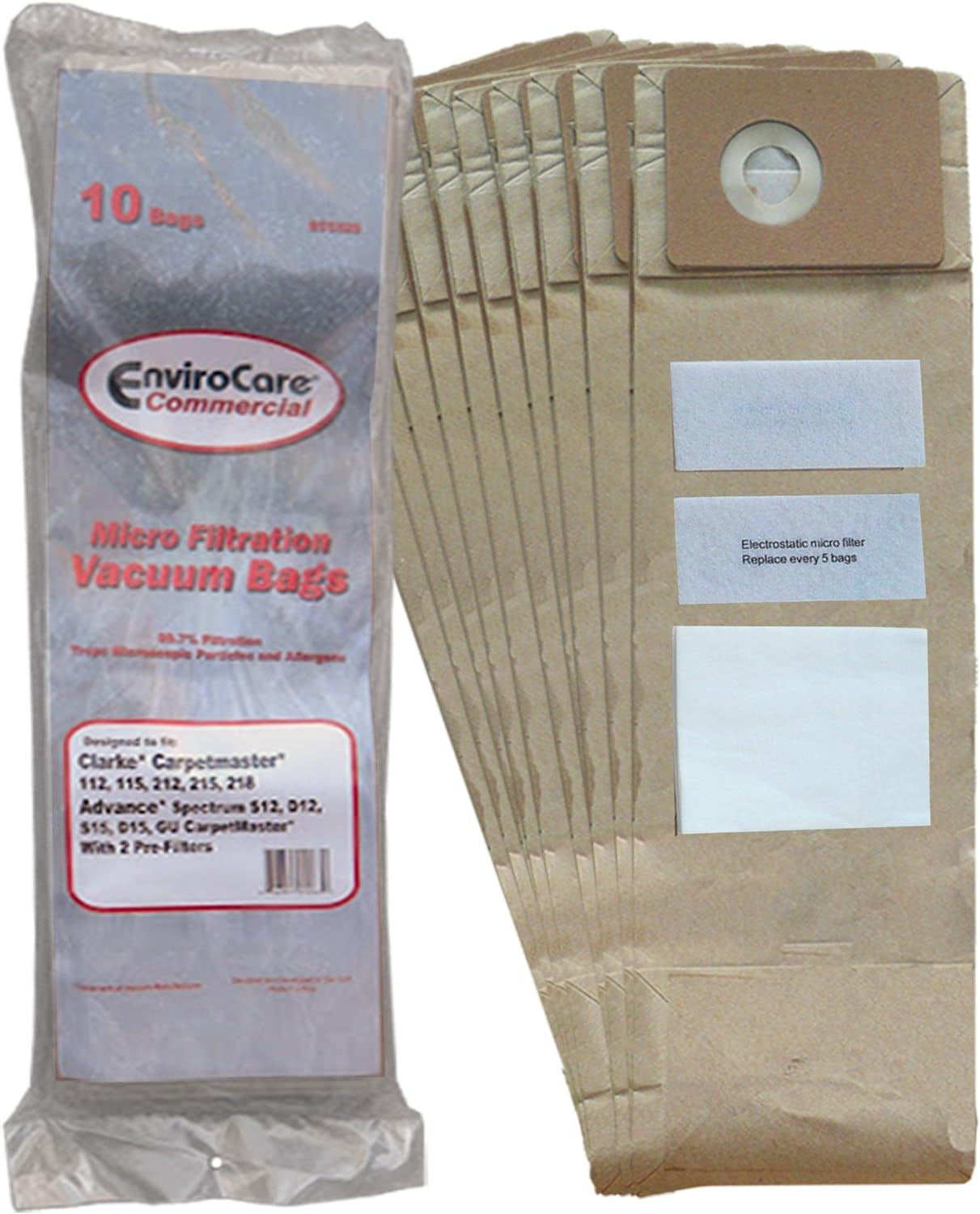 EnviroCare Replacement Vacuum Bags for Advance Spectrum, Clarke CarpetMaster, Nilfisk Uprights 10 Pack with 2 Filters