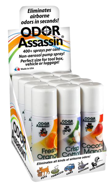 ODOR ASSASSIN-24 PK,2.2oz,SPRAY BOTTLE,CONTAINS (8) ORANGE,(8) COTTON & (8) COCONUT MANGO