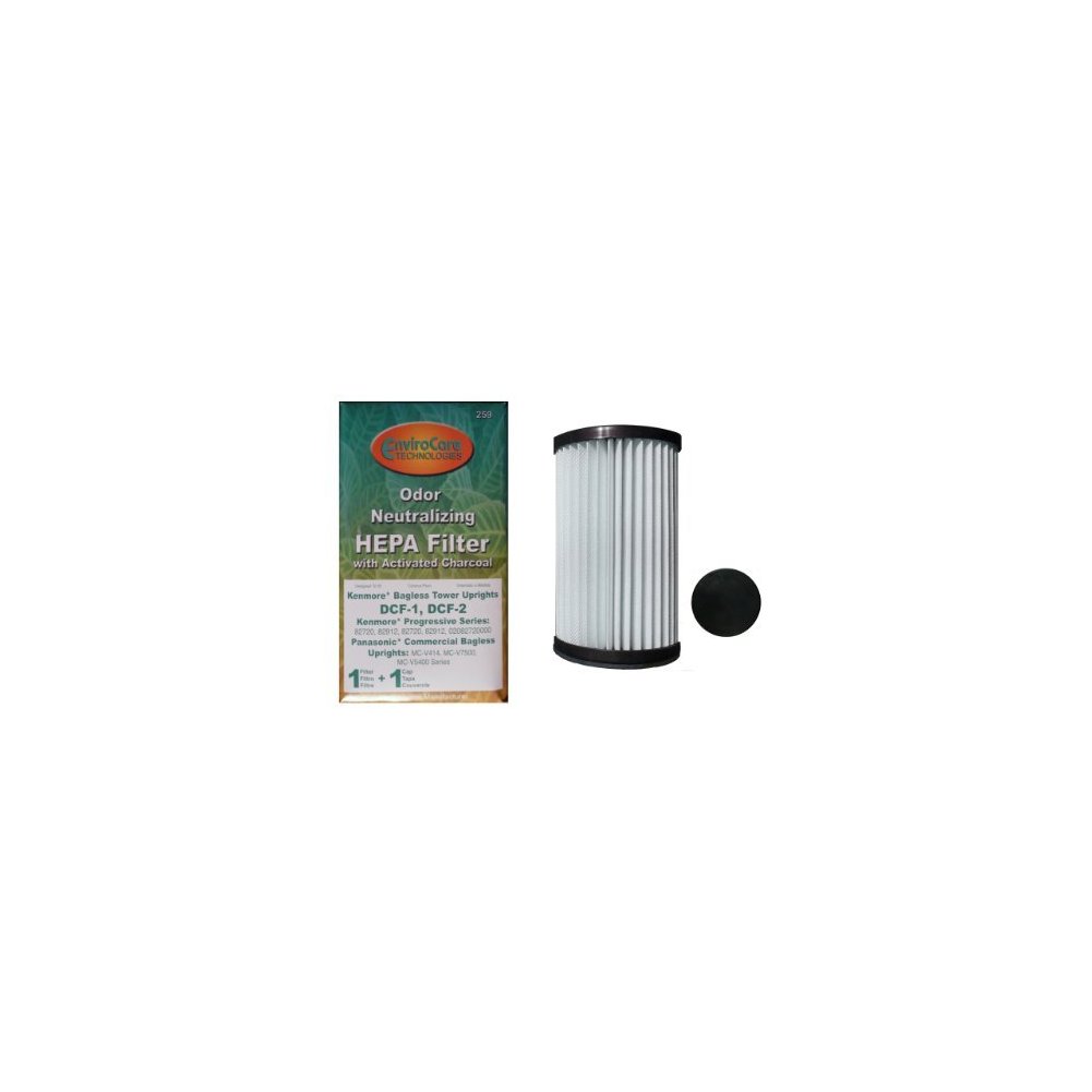 (1) Kenmore Bagless Pleated Tower HEPA w/activated Charcoal Filters & 2 caps, Upright bagless, Sears 300 Series, Part # F259, 82720, 82912, DCF1, DCF2