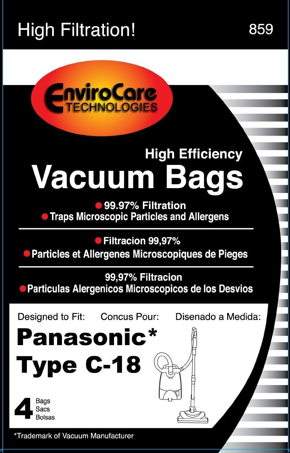 Panasonic Type C-18 Micro-Allergen Cloth Bags 4-Pack, Compare with Panasonic Part# AMC-J3EP Canister Replacement Bag for MC-CG885, 859