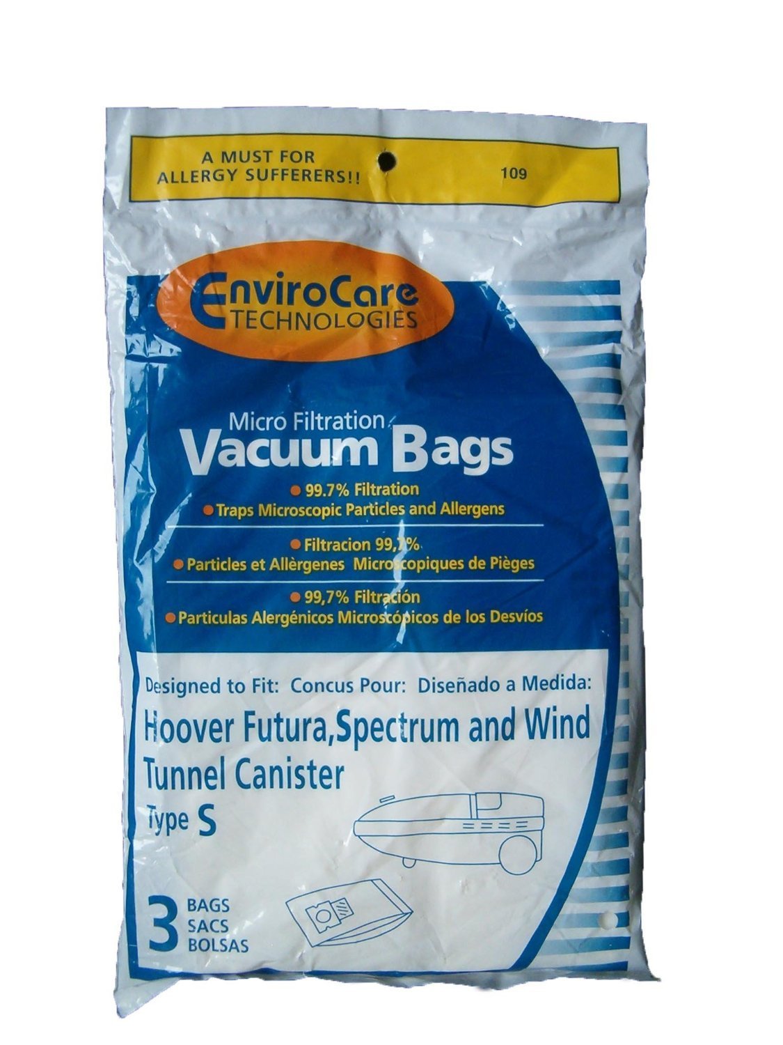 1 X Hoover Type S Envirocare Brand Allergen Microlined Vacuum Bags - 9 in a pack