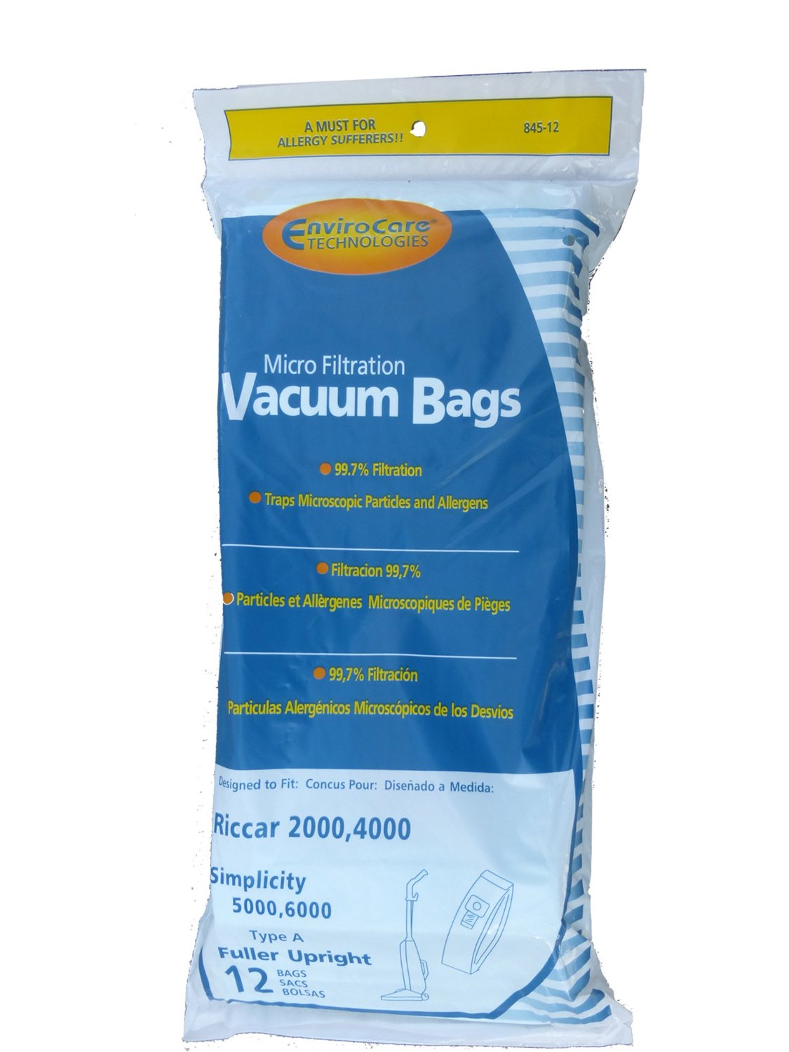 Riccar 2000, 4000 and Vibrance Series. Simplicity 5000, 6000 and Symmetry Type A Vacuum Bags - 12 Pack