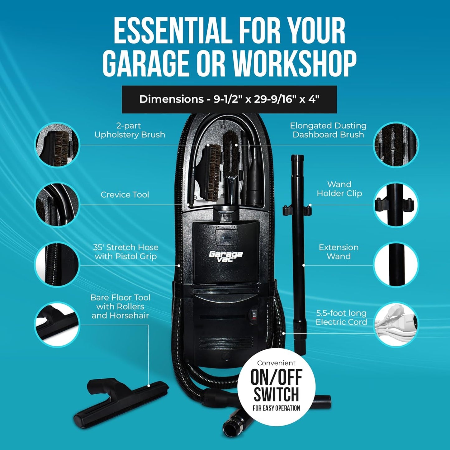 GarageVac GH120-E Black Wall Mounted Garage Vacuum with Accessory by Intervac