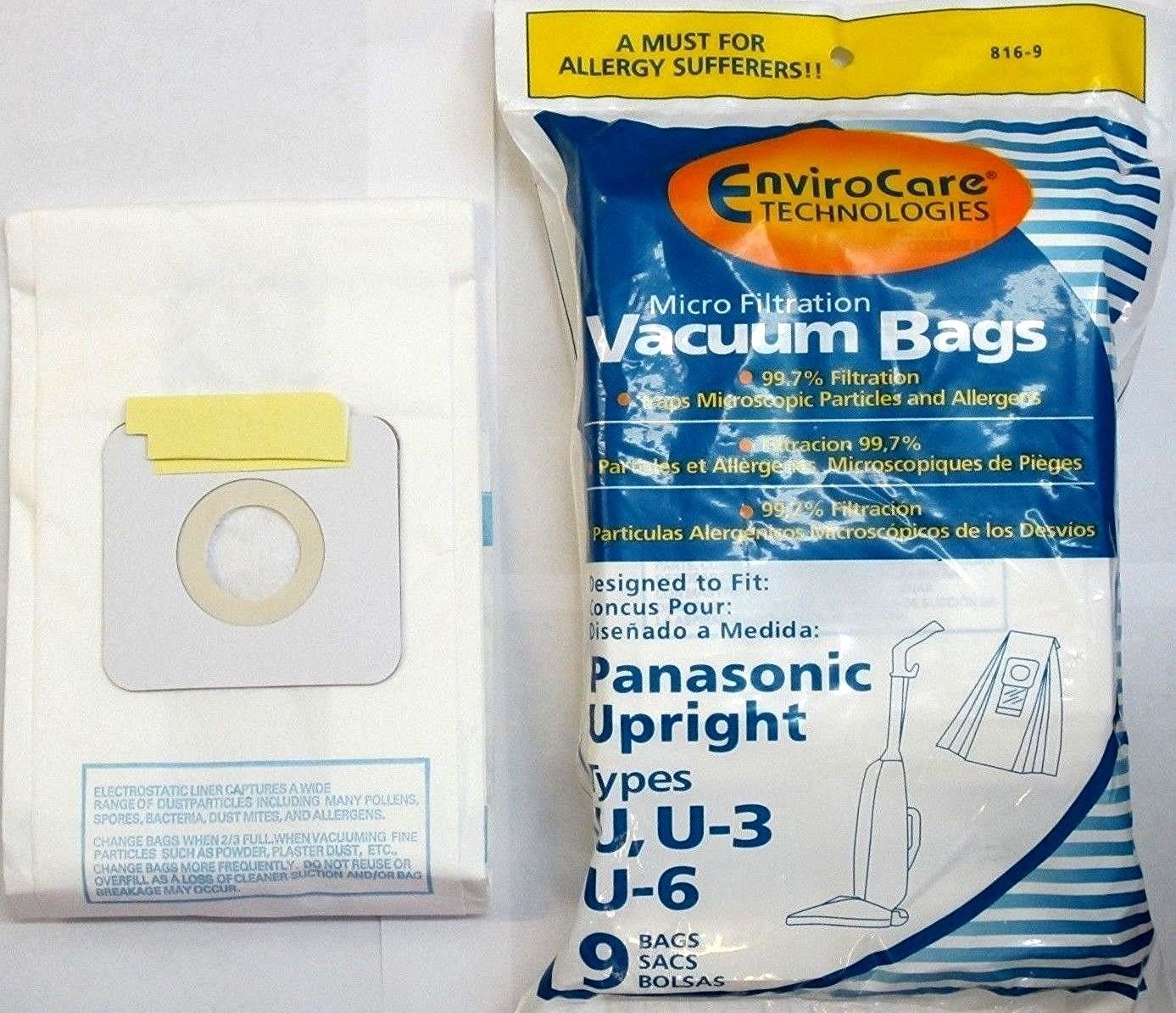 Panasonic Types U, U-3, U-6 Vacuum Bags Microfiltration with Closure - 9 Pack