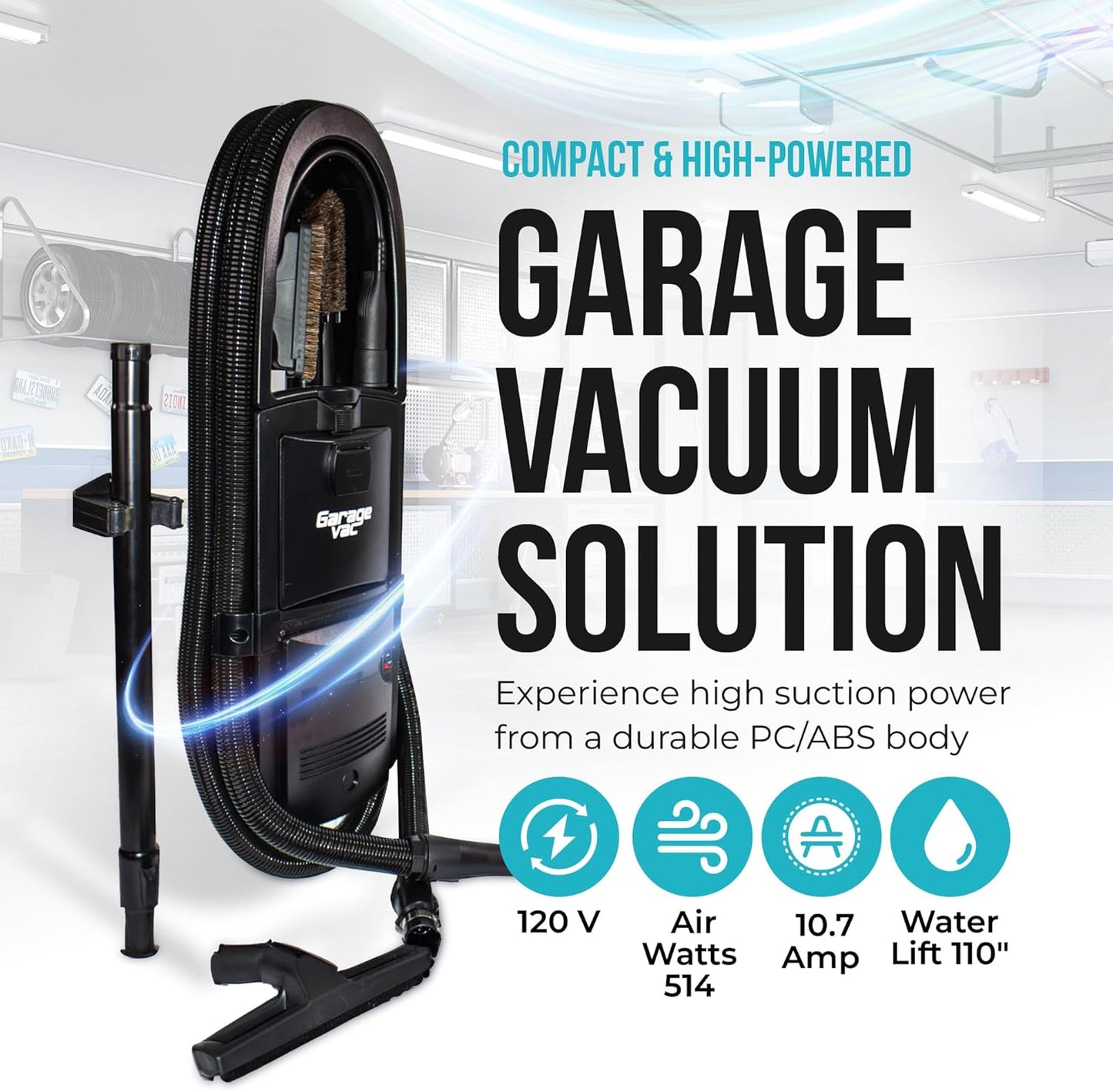 GarageVac GH120-E Black Wall Mounted Garage Vacuum with Accessory by Intervac