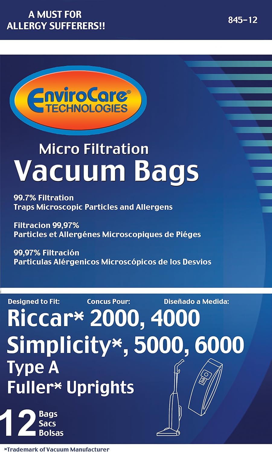 Carpet Pro Envirocare Anti-Bacterial Upright Vacuum Bags - 12 bags, 845-12