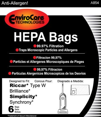 PAPER BAGS-RICCAR,W,BRILLIANT,SIMPLICITY,SYNCHRONY STYLE ''W'',6PK,FILTRETE PAPER