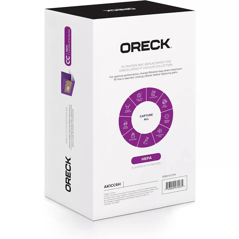 Oreck TYPE CC Odor Fighting Vacuum Bags CCPK8OF / CCPK80H - 6/pk with 99.97% of particles at .3 microns, Purple, AK1CC6H