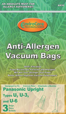 Panasonic U, U3 and U6 Anti-Allergen HEPA Like Synthetic Cloth Bags - 3 pack