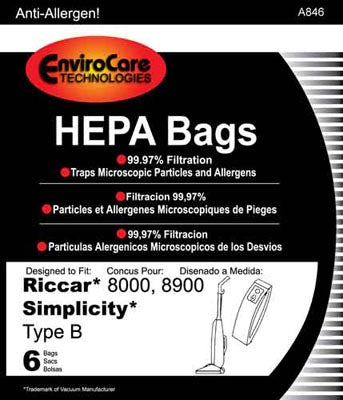 Riccar Type B HEPA Vacuum Bags for 8000, 8900 Series, Simplicity Type B 6/pk