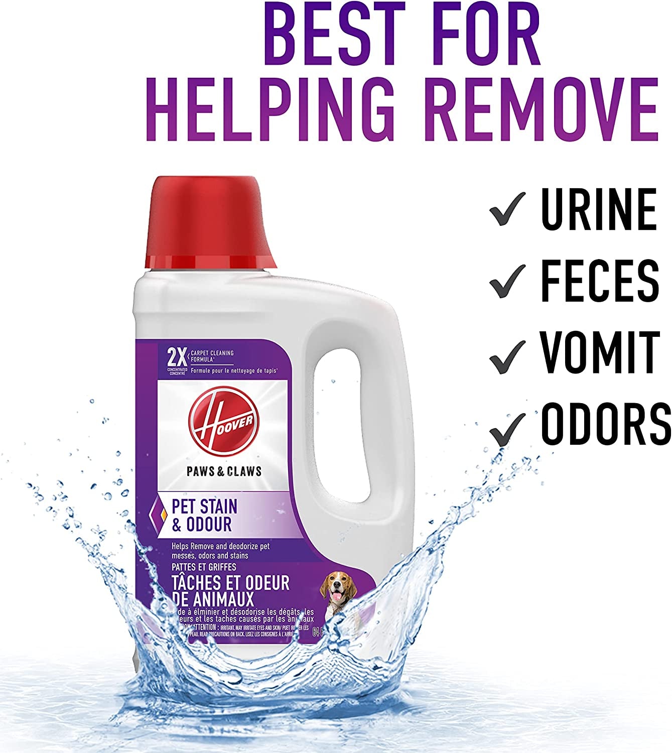 Hoover Paws & Claws Deep Cleaning Carpet Shampoo with Stainguard, Concentrated Machine Cleaner Solution for Pets, Enzymatic, 64oz Formula, AH30925