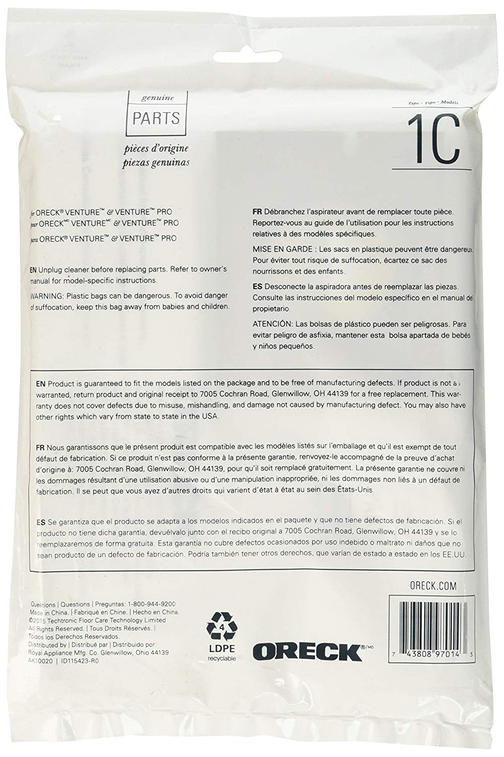 Replacement Oreck 1C Venture and Venture Pro HEPA Media Vacuum Cleaner Bags AK10020 with 0.3 Micron Filtration 2/pk