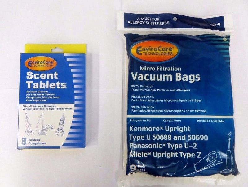 Kenmore Upright 50688 and 50690, Panasonic Type U-2 Vacuum Bags Microfiltration with Closure (9 Bags & 8 Scent Tabs)