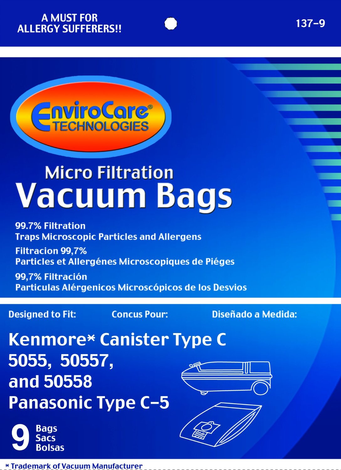 EnviroCare Kenmore Micro-Filtration Canister Vacuum Bags,5055, 50557, 50558 and Panasonic Type C-5 (9 Bags)