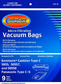 EnviroCare Kenmore Micro-Filtration Canister Vacuum Bags,5055, 50557, 50558 and Panasonic Type C-5 (9 Bags)