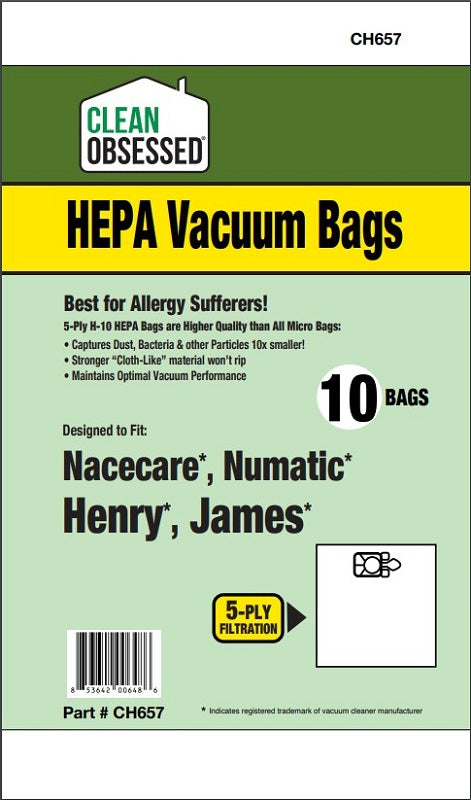 CLEAN OBSESSED NACECARE / NUMATIC HENRY / JAMES HEPA BAGS, 10/PK (REP'L)