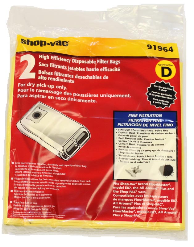 Shop-Vac 9196400 Type D Vacuum Bags 4 Gallon Dry/Wet - 2 Pack