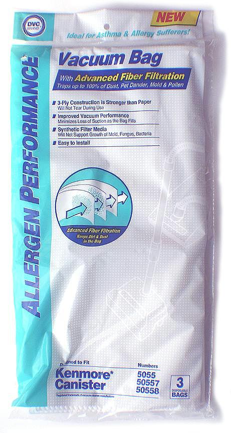 Envirocare Kenmore Canister Q/C 5055, 50557, 50558, 53292, 53291, 50404 Anti Allergen Synthetic Cloth Bags- 3 Pack