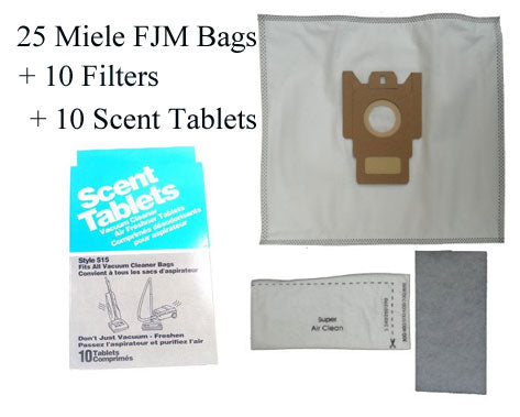 Miele Type F, J M (FJM) HEPA Like Synthetic Cloth Vacuum Cleaner Dustbags 25 Bags 10 Filters 8 Scent Tablets. Replaces Miele part 7291640 - Generic