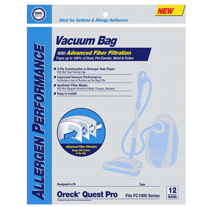 Oreck Quest Pro High Density Allergen Filtration Cloth Synthetic Vacuum Bags PK12FC1000, 12pk