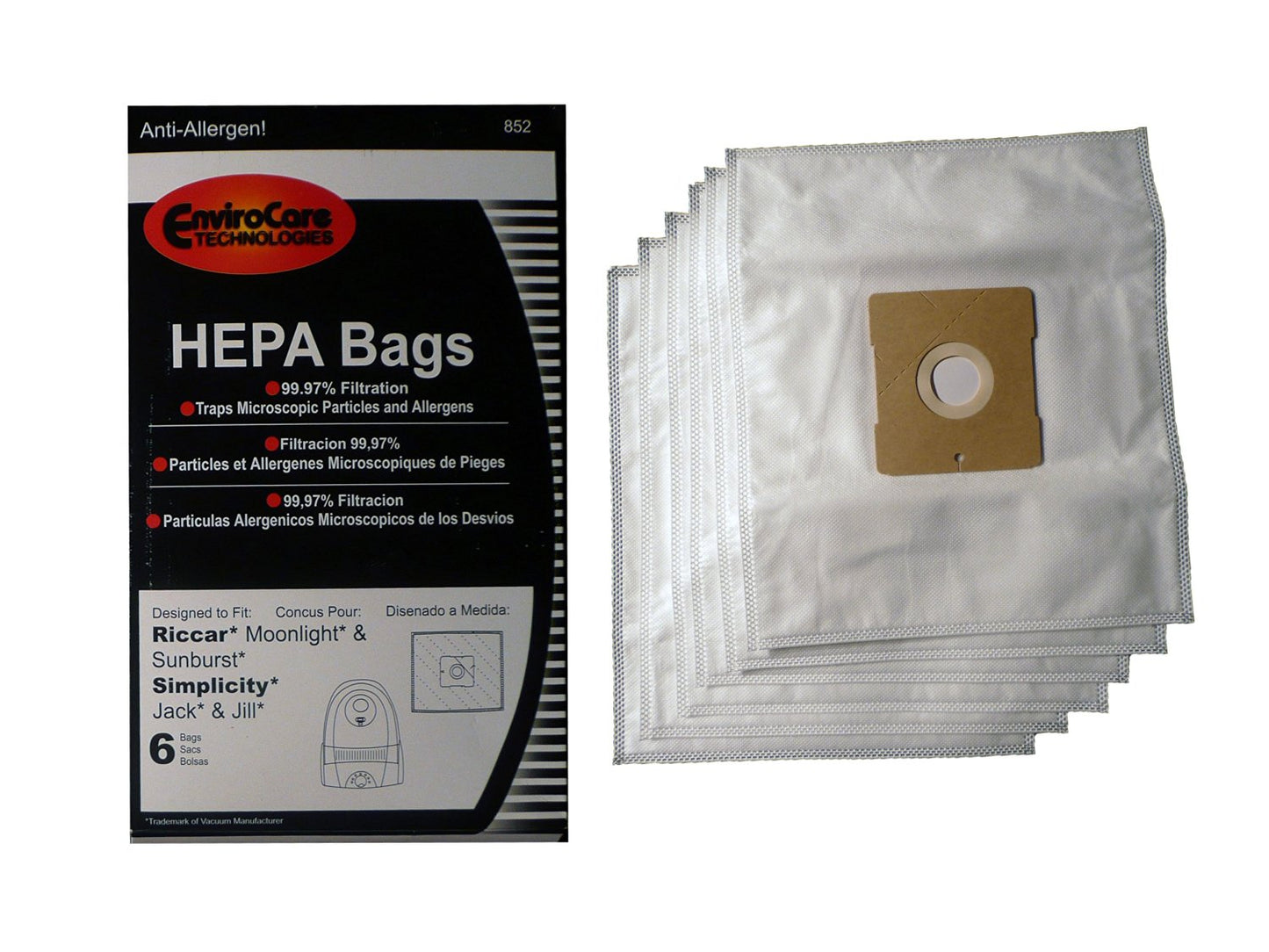 Riccar Moonlight Sunburst Simplicity Jack & Jill Hepa Bags Style Z #852 by Envirocare Technologies - 6pk.