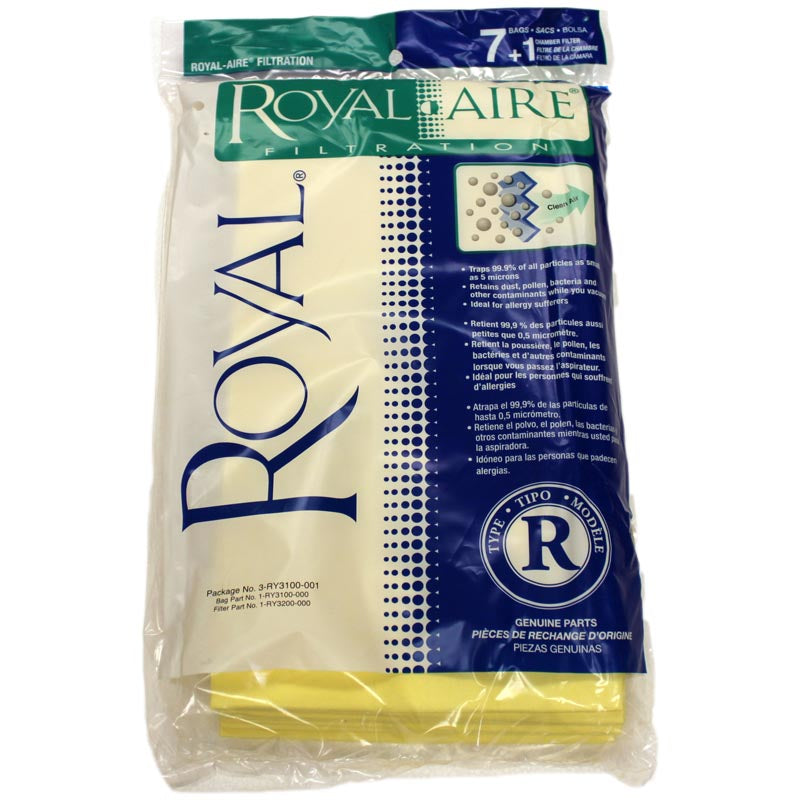 Royal / Dirt Devil Type R Royal-Aire Vacuum Bags 3-RY3100-001 - 7 Bags + 1 Filter Pack. Replaces 1RY3100000 , 1RY3500000