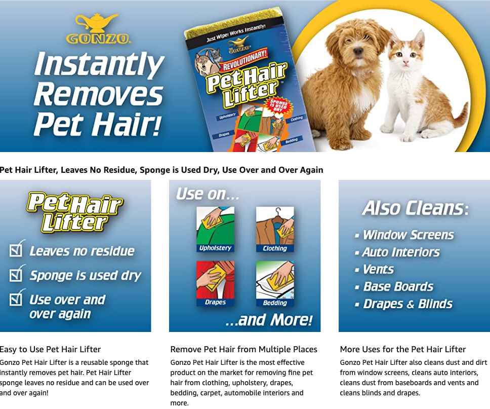 Gonzo Pet Hair Lifter Sponge to Remove Dog, Cat and Other Pet Hair from Furniture, Carpet, Bedding and Clothing 1 Sponge/pk