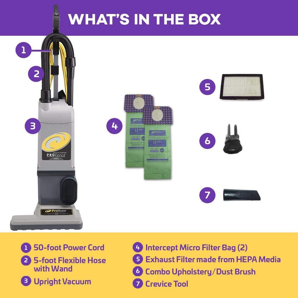 ProTeam ProForce 1500XP HEPA Upright Vacuum w/On-Board Tools, 50 Ft Cord, Dual Motor, 15 Inch Path, 10 EXTRA BAGS #107252