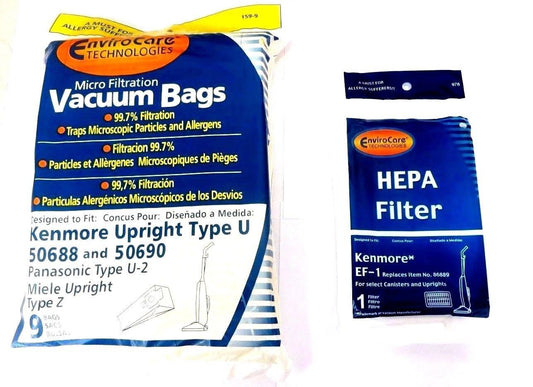 9 Kenmore Upright 50688 and 50690, Panasonic Type U-2 Vacuum Bags Microfiltration with Closure (9 Bags & 1 EF1 Filter)