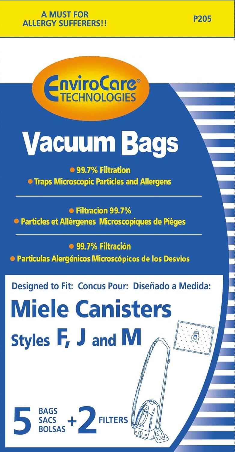 EnviroCare Replacement Allergen Vacuum Cleaner Dust Bags made to fit Miele Canisters Style F J M 5 pack with 2 Filters