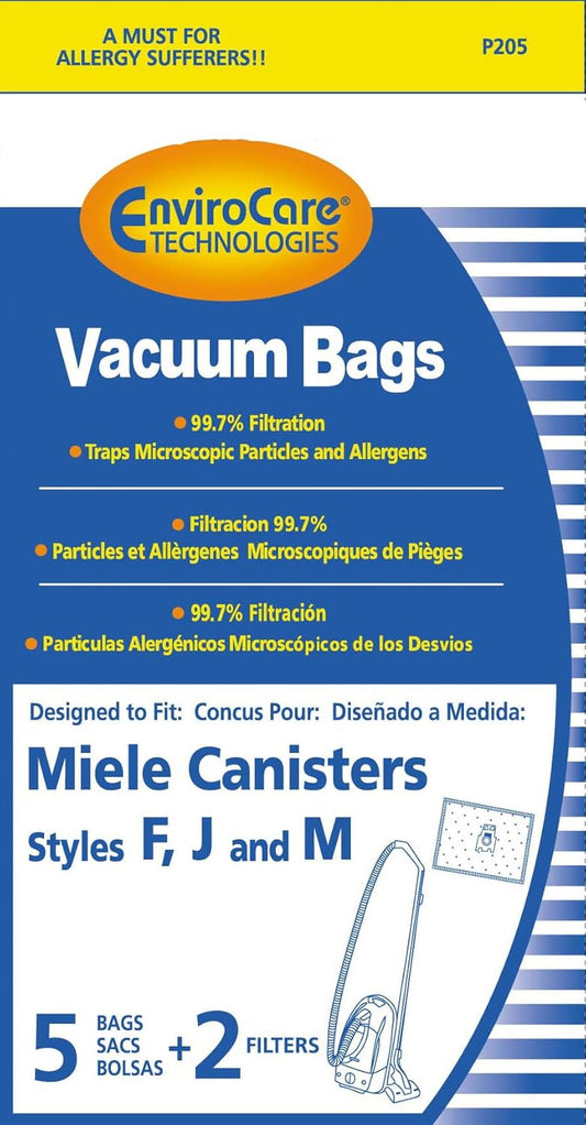 EnviroCare Replacement Allergen Vacuum Cleaner Dust Bags made to fit Miele Canisters Style F J M 5 pack with 2 Filters