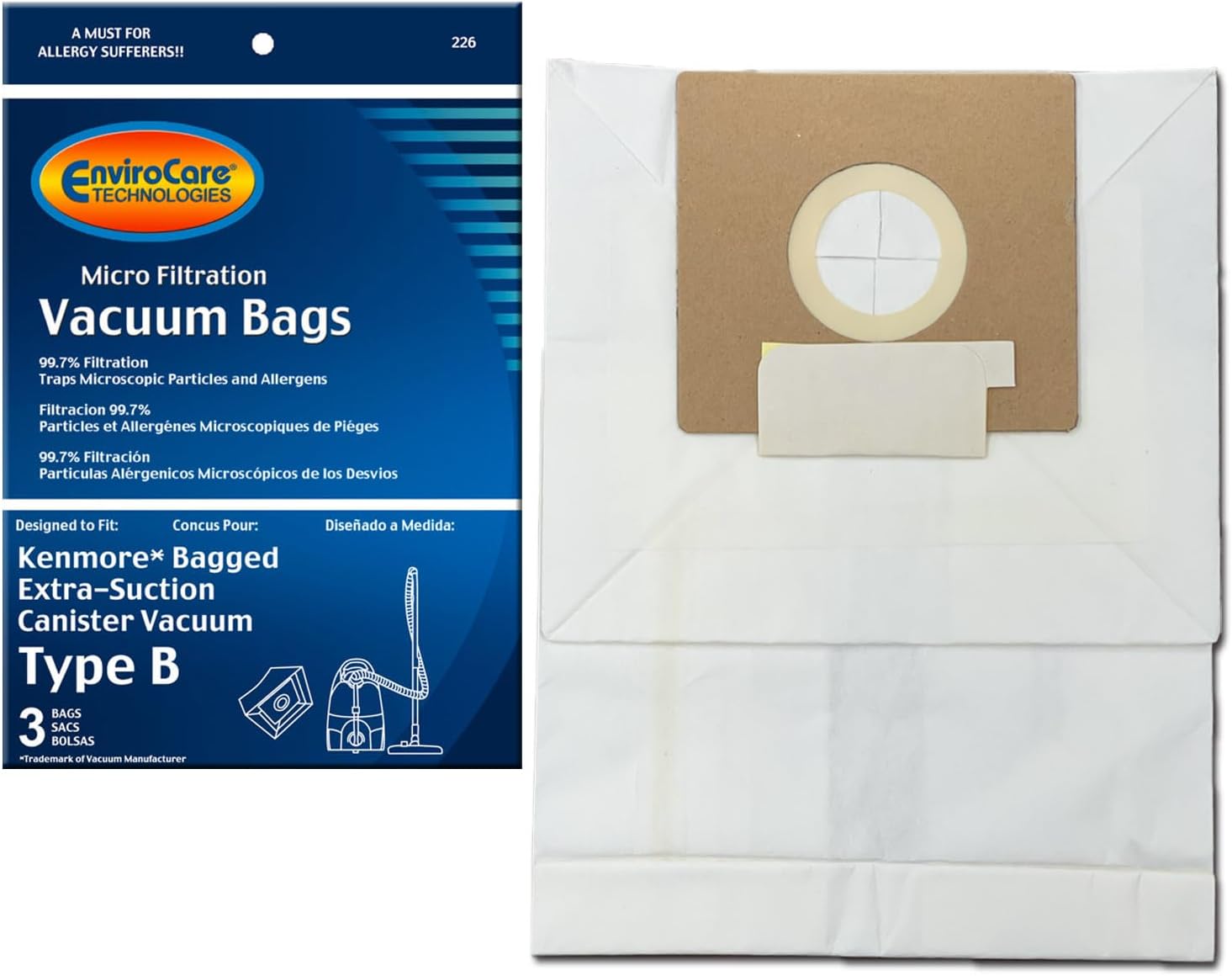 Kenmore Type B 85003 Allergen Vacuum Bags - 3 Pack, HEPA Filtration, For Canisters