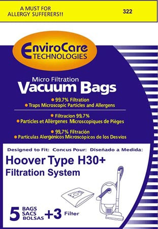 Hoover H30 Telios Vacuum  Bags 40101001, 09169855 - Generic  - 5 bags + 1 filter / pack