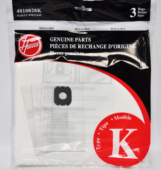 Hoover Type K Bag (3-Pack), 4010028K for Spirit Canister, Encore, Supremacy and older Runabout Canisters