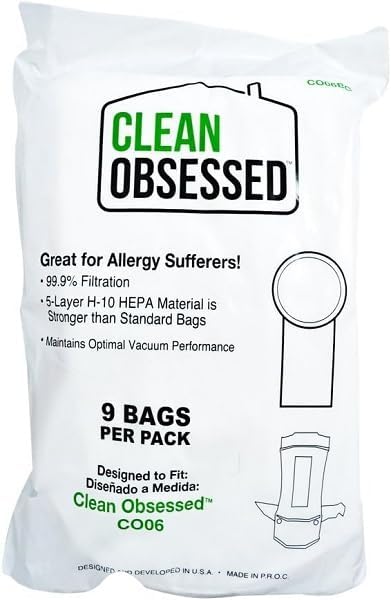 Clean Obsessed Hepa Filter Bags for 6 Qt CO6 Backpack, PB1006, for Bissell & Oreck 6 Qt, 9/pk CO6BG