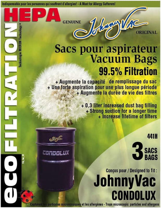 Johnny Vac Condolux Eco Filtration Central Vacuum HEPA Bags 3 Pack 441H