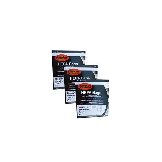 18 bags (3 pkgs) Type B HEPA Allergy Bags For Riccar 8000 8900, Simplicty 7 & 7000 Series and Belvedere Upright Vac