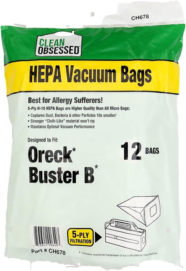 H-10 HEPA Bags Compatible with Oreck BB Part # PKBB12DW & PKBB12OF (12 Pack of Bags)