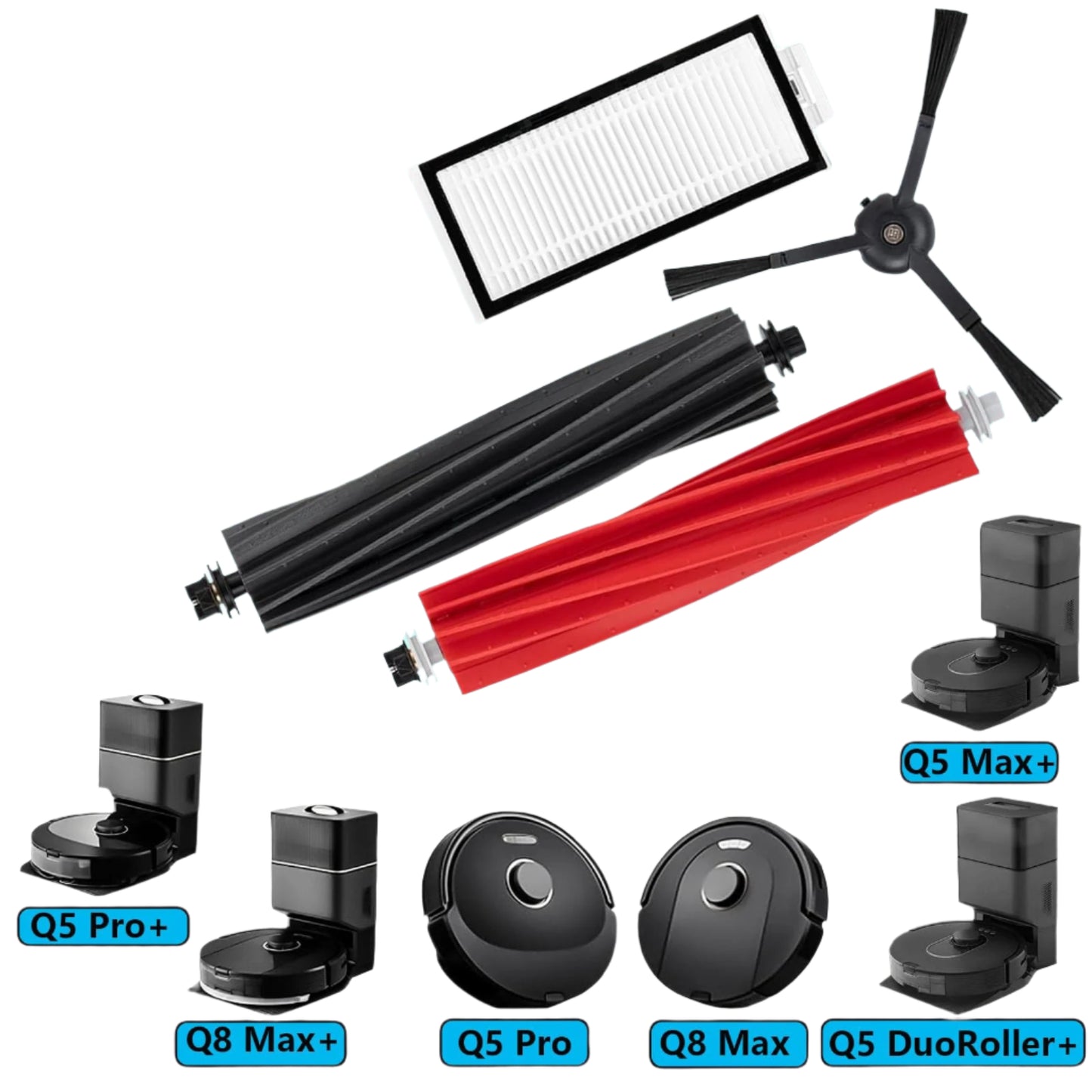 Replacement Accessories Kit Compatible with Roborock Q5 Pro Q5 Pro+(Plus) Q5 Max+(Plus) Q5 DuoRoller+(Plus) Q8 Max Q8 Max+(Plus) Robot Vacuum Cleaner, Include 1 Dual Roller Brush 4 Side Brush 4 Filter