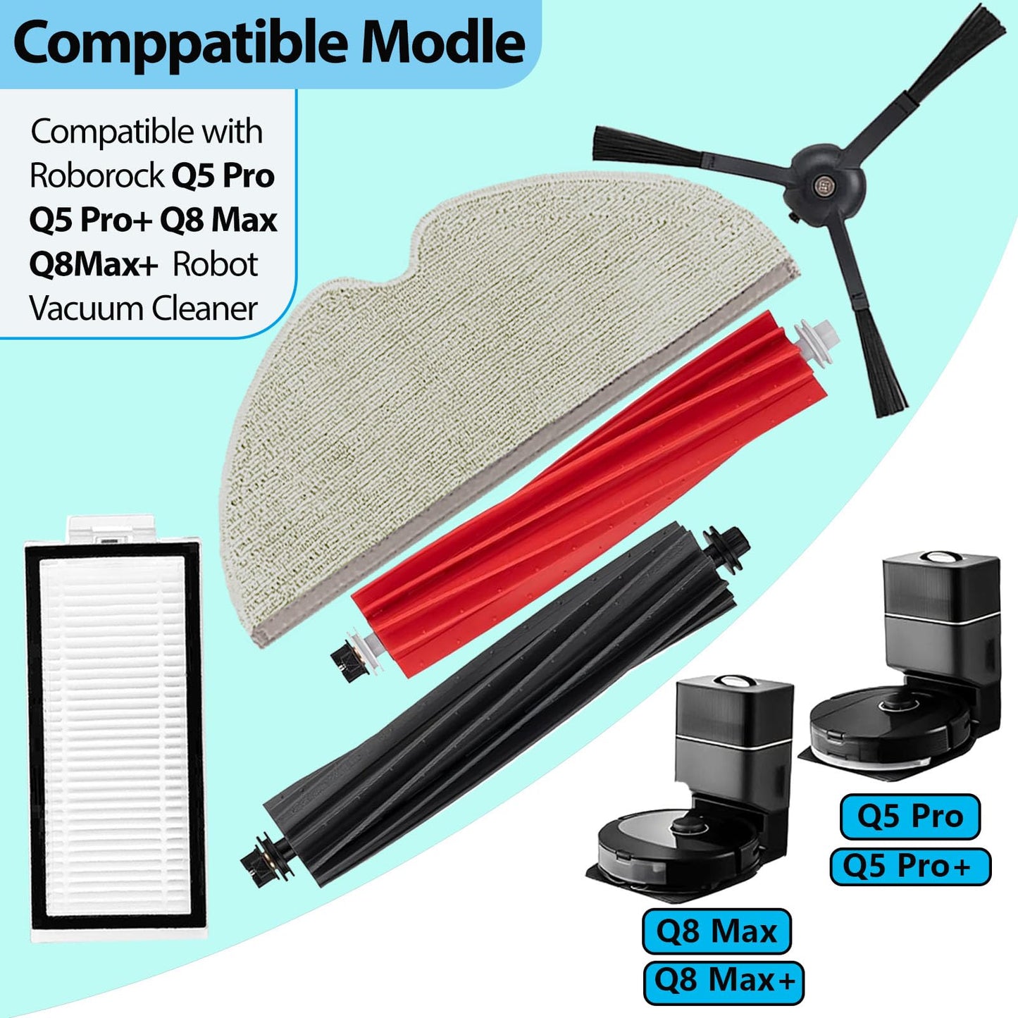 Replacement Accessories Kit Compatible with Roborock Q5 Pro Q5 Pro+(Plus) Q5 Max+(Plus) Q5 DuoRoller+(Plus) Q8 Max Q8 Max+(Plus) Robot Vacuum Cleaner, Include 1 Dual Roller Brush 4 Side Brush 4 Filter