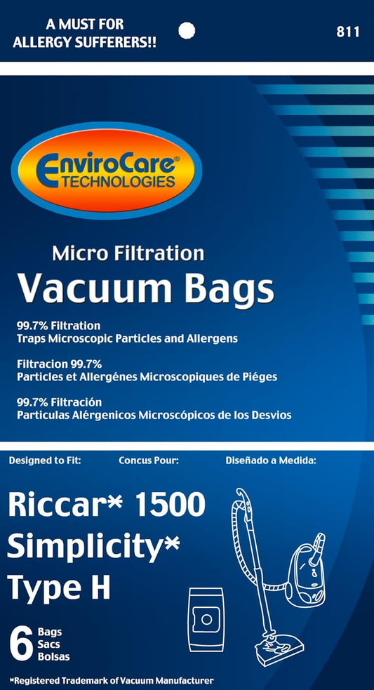 EnviroCare Replacement Micro Filtration Vacuum Cleaner Dust Bags for Riccar 1500 and Simplicty Type H Canisters 6 Bags
