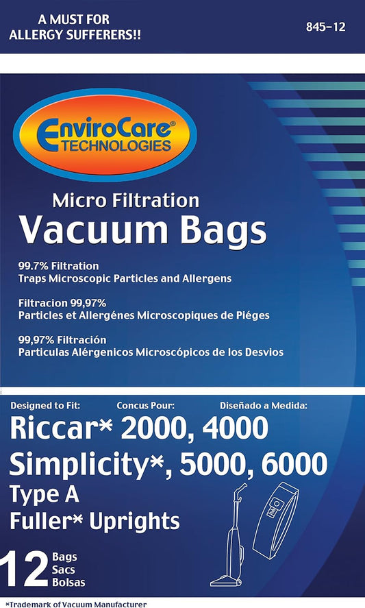 Riccar 2000, 4000 and Vibrance Series. Simplicity 5000, 6000 and Symmetry Type A Vacuum Bags - 12 Pack
