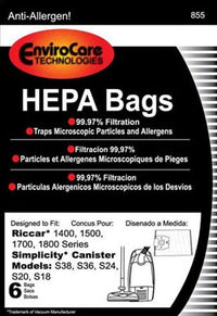 Riccar 14/15/17/18 series HEPA replacement paper bags. - 6 pack, RHH-6