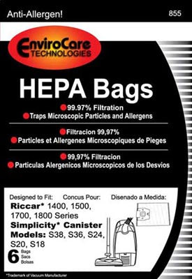 Simplicity Type H Hepa Bags for S38, S36, S24, S20, S18 Series - 6 pack, SHH-6 