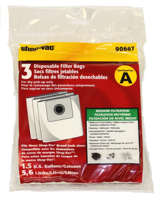 Genuine Shop Vac Type A 1.5 Gallon Disposable Collection Filter Bags 906-67, 9066733  - 3 Bags