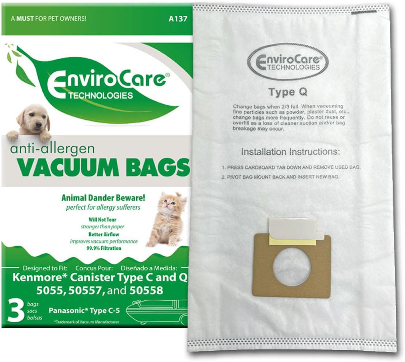 Kenmore 5055, 50557 and 50558 QC Anti-Allergen Synthetic Cloth Bags- 3 Pack