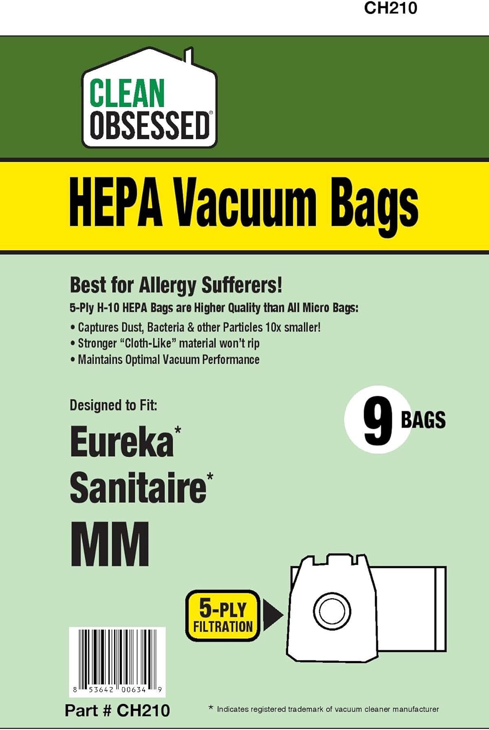 Clean Obsessed H-10 HEPA Bags Type MM Bags Replacement For Eureka Mighty Mite Models 3670, 3680 & Sanitaire Models S3680 & 3680. - 9 Cloth HEPA Bags per package